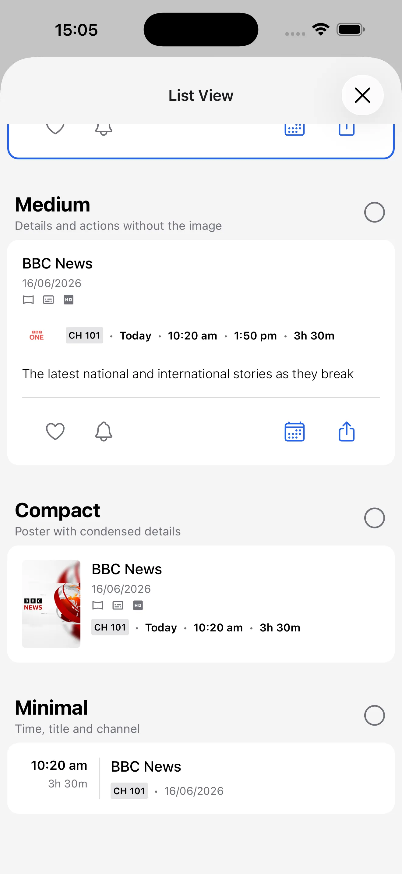List View options showing the Medium, Compact and Minimal layout previews