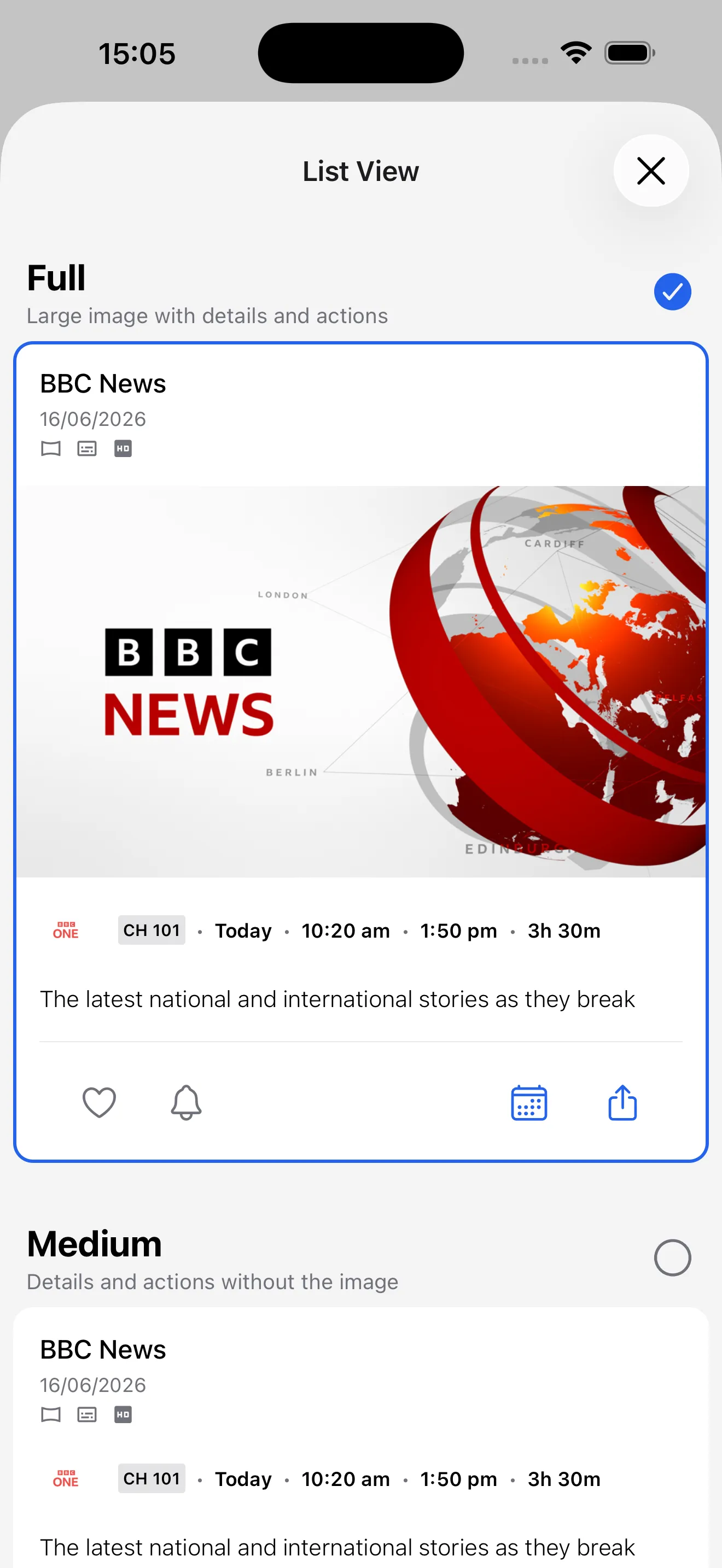 List View options with Full selected, showing large programme artwork with details and actions