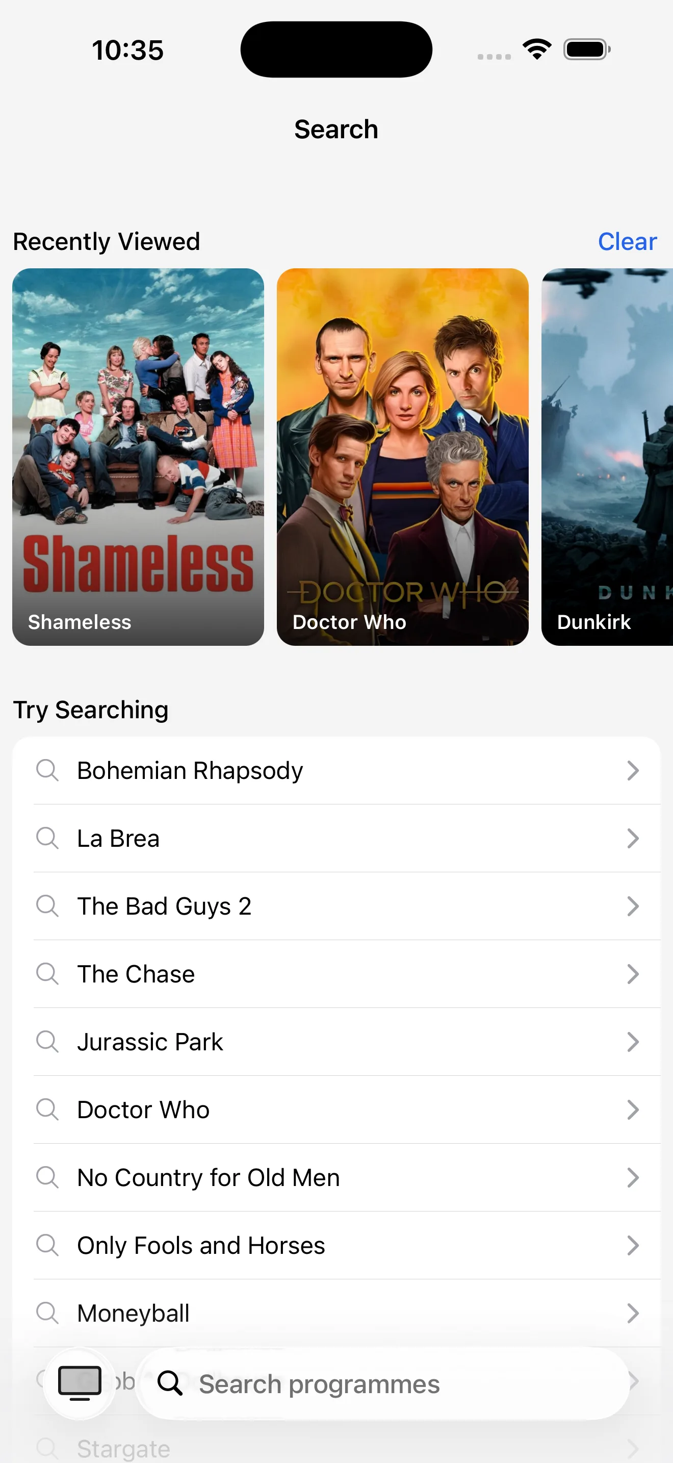 Search tab showing Recently Viewed shows and starter search suggestions